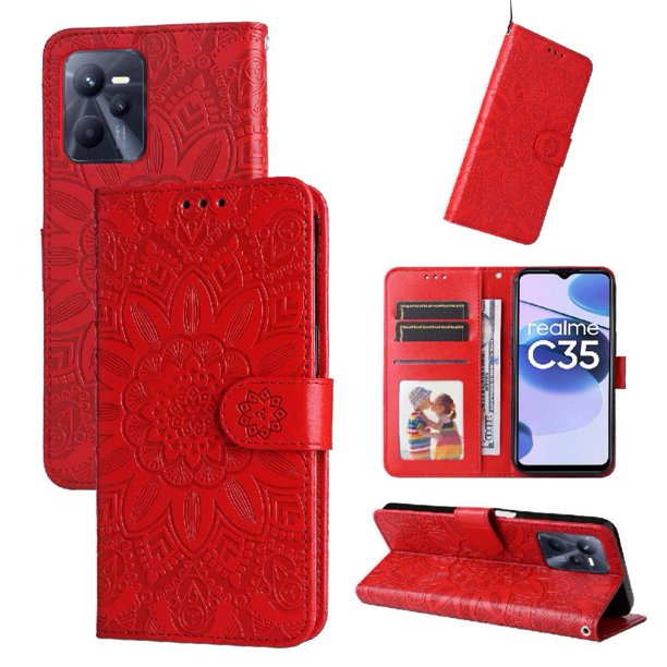 Funda tipo cartera FOXDOCK para Realme C35 4G , diseño girasol en relieve, cuero PU, cierre magnético, soporte y tarjetero