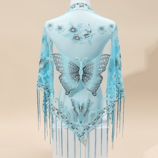 29.5"×55.1" Triangle Scarf Butterfly Flower Embroidery Lace Tassel Shawl Elegant Breathable Windproof Wrap Outdoor Accessories