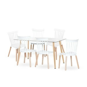 Klik Muebles - Comedor Mesa Rectangular Vidrio 120X80 + 6 Sillas Windsor Blanca