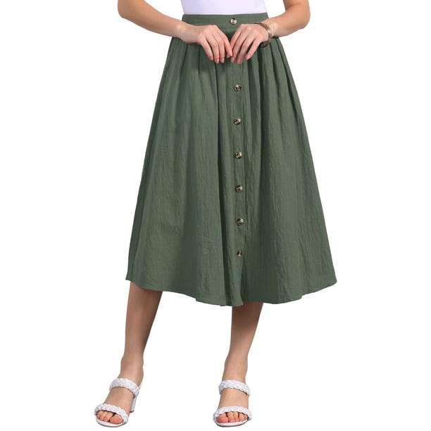 INSPIRE CHIC Falda Midi de Algodón para Mujer Verano Casual con Botones Decorativos, Cintura Elástica, Faldas Línea A con Bolsillo L Verde Militar