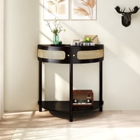 M&Ms - Unique Half Moon Design End Table With Sliding Rattan Door,Elegant Semi-Circle Entryway Console Table With 2 Rattan Storage Cabinet And Bottom Shelf For Living Room, Bedroom, Study, Hallway(Black)