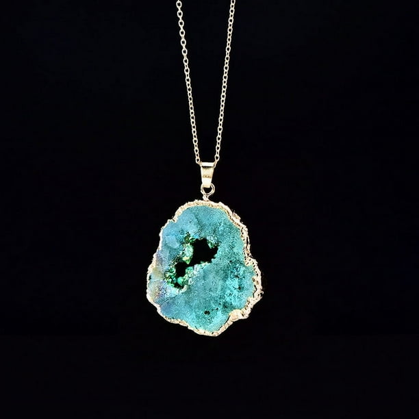 1pc Irregular Hollow Agate Quartz Geode Slice Pendant Necklace with Amethyst Inlay and Gold Plated Edge