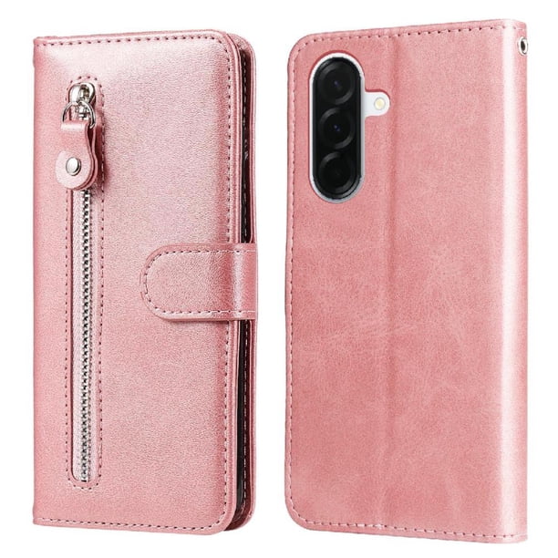 Funda tipo cartera para Samsung Galaxy A37 con bolsillo con cremallera y ranuras para tarjetas – Función de soporte Rosa