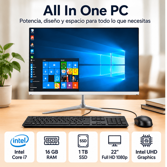 All In One PC Intel I7 16GB 1TB SSD Pantalla 22" Intel FHD 1080p