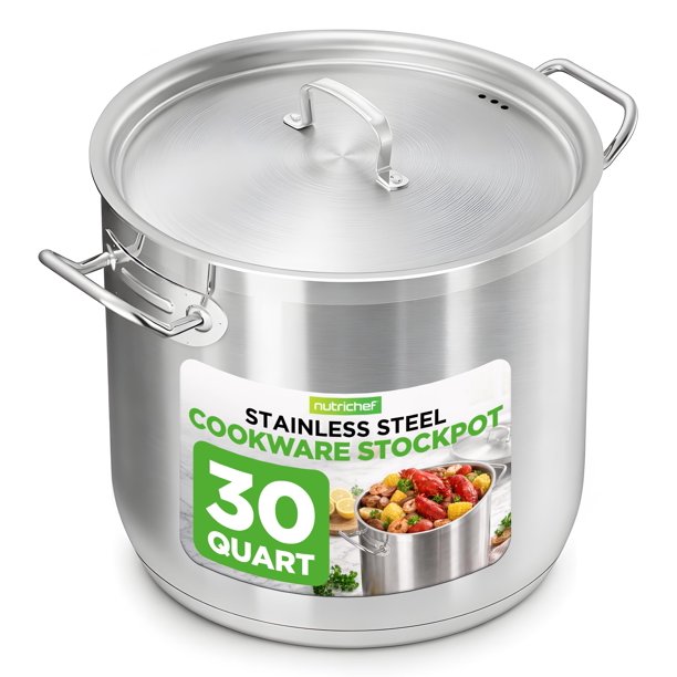 Olla de acero inoxidable de 30 cuartos, resistente, apta para inducción, con tapa de acero inoxidable y mangos reforzados, distribución uniforme del calor, compatible con la mayoría de cocinas