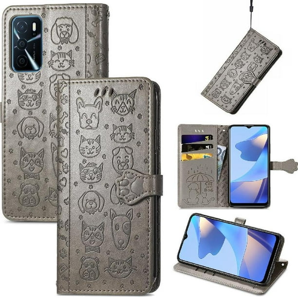 Funda Cartera FOXDOCK para OPPO A16 , Flip PU con Relieve de Gatos y Perros, Tarjetero y Soporte
