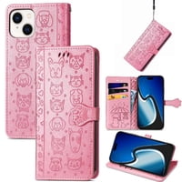 Funda Cartera Foxdock Para Iphone 15 Plus , Flip Pu Con Relieve De Gatos Y Perros, Tarjetero Y Soporte