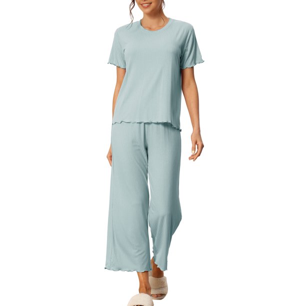 INSPIRE CHIC Conjunto de Pijama de Mujer Acanalado de Manga Corta Modal con Puños Volantes y Pantalones de Descanso Suaves L Azul