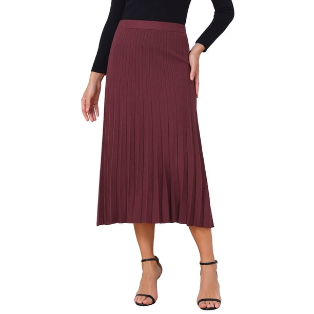 INSPIRE CHIC Faldas plisadas para mujer con cintura alta elástica, línea A, tejido de punto acanalado, falda midi de suéter para otoño e invierno, talla S, rojo vino
