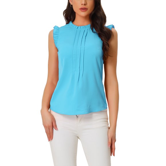 INSPIRE CHIC Blusas sin mangas para mujer de regreso a clases, blusas de trabajo con volantes y pliegues, tops chic azul cielo L