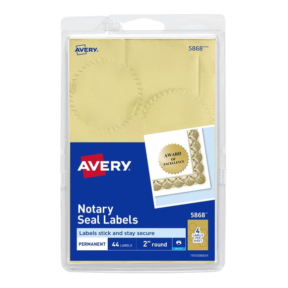 Etiquetas para notario Avery, 2 cm de diámetro, color dorado, inyección de tinta, 44 sellos