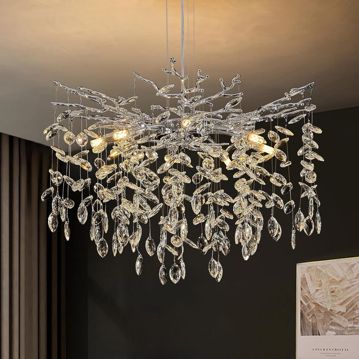 Lámpara Colgante Benkut Cristal 60 Cm Rama Árbol 8 Luces G9