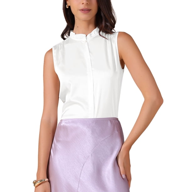 INSPIRE CHIC Top de satén para mujer elegante sin mangas con cuello simulado plisado y ribete de volantes, blusa de trabajo sólida, tops de tanque de seda S blanco