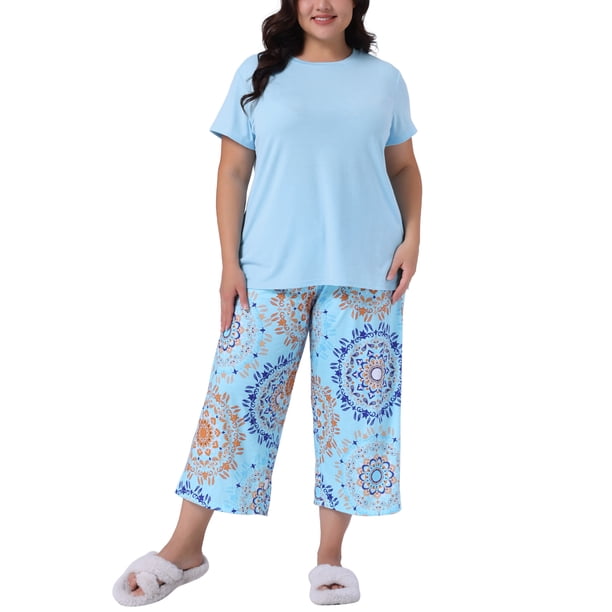Agnes Orinda Conjunto de Pijamas de Dos Piezas para Mujer de Talla Grande con Camiseta de Manga Corta y Pantalones Estampados 4X Azul