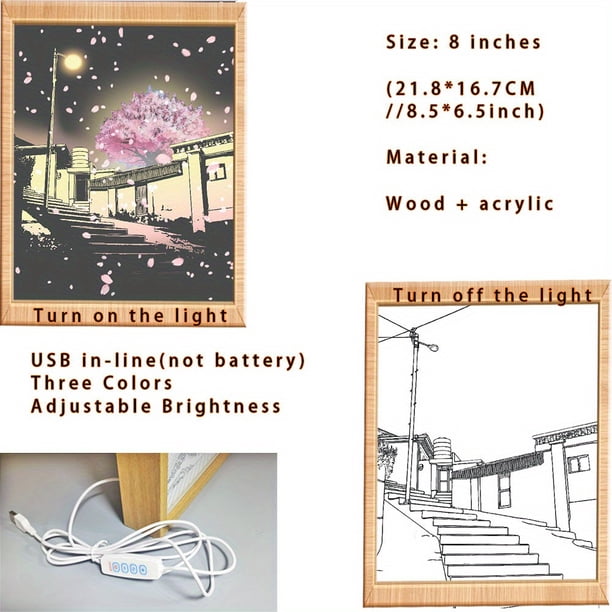 1pc 3D Cherry Blossom And Street Night Light, Romantic Healing Line Picture Light, Girlfriend Festival Gift, Picture Frame Light Painting, LED Bedside Lamp Frame Gift Decorative Desktop Night Lamp,