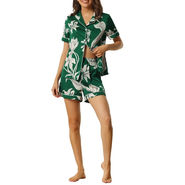 INSPIRE CHIC Conjunto de pijama de mujer con estampado de manga corta, suave, con botones, cuello con muesca, conjunto de pantalones cortos para dormir para primavera verano, pequeño, verde
