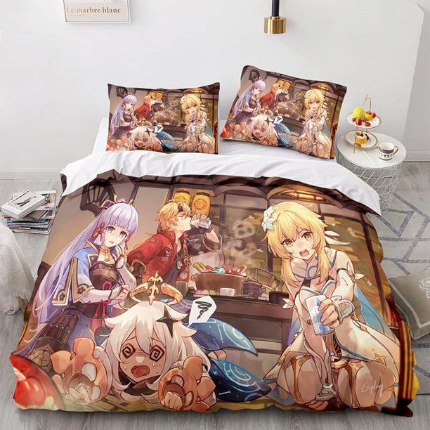 Genshi-n Im-pact D-uvet Cove-r Queen Size - Genshin- Impact- Printe-d Soft Microfi-ber Beddi-ng Set