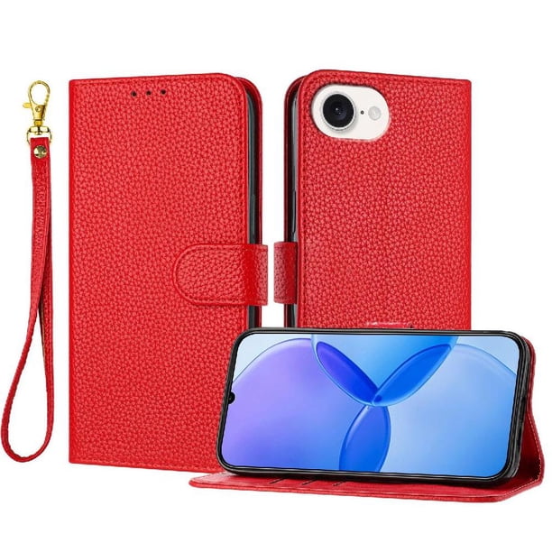 Funda Cartera para iPhone 17E Tarjetero Soporte Magnético y Correa Rojo