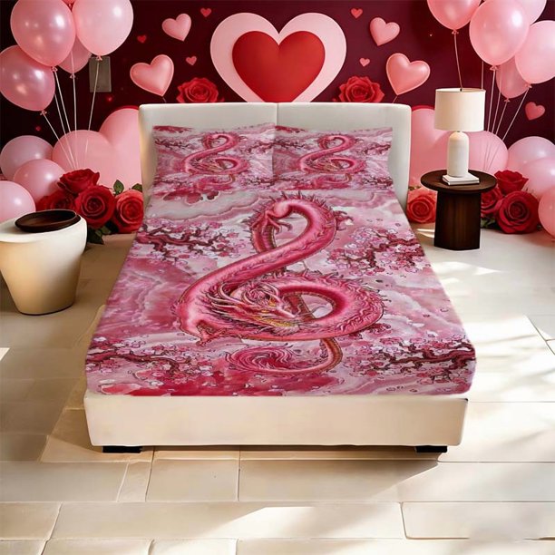 Dragon Clef Print Fitted Sheet Set a Must-have for Home and Guest Rooms with Deep Pockets for Secure Fit and No Shifting The Perfect Gift for Holidays Like East