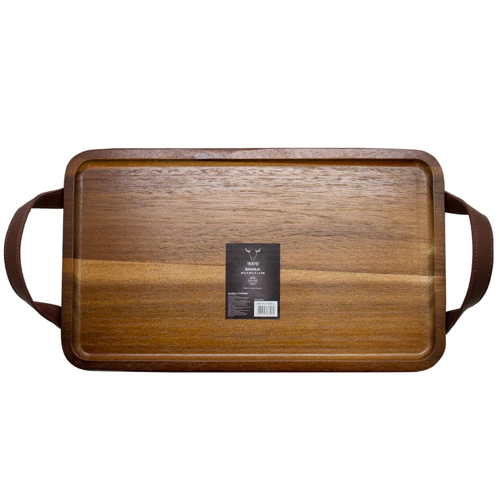 Bandeja Acacia Con Asas De Cuero 35x21cm Asado Quincho Wayu