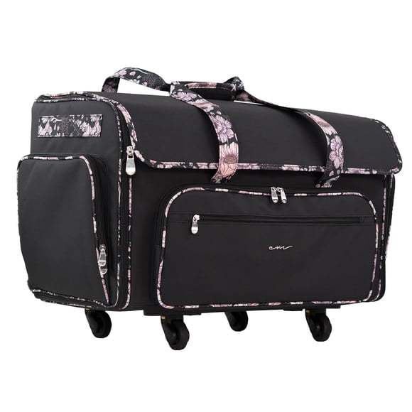 Everything Mary - Maleta con Ruedas XXL para Máquina de Coser – Negra con Detalle Floral – Organizador Amplio con 4 Ruedas y Múltiples Bolsillos para Accesorios de Costura