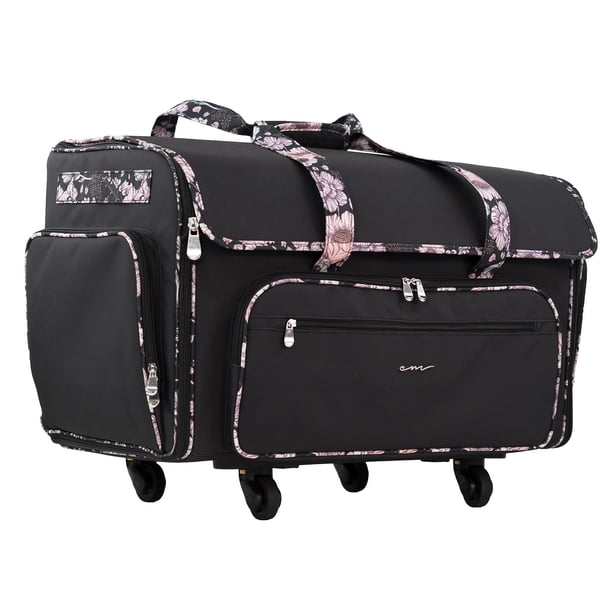 Everything Mary - Maleta con Ruedas XXL para Máquina de Coser – Negra con Detalle Floral – Organizador Amplio con 4 Ruedas y Múltiples Bolsillos para Accesorios de Costura
