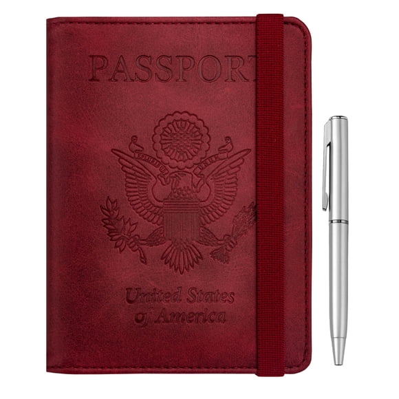 Funda de pasaporte WALNEW RFID de piel sintética con bolígrafo para viajes