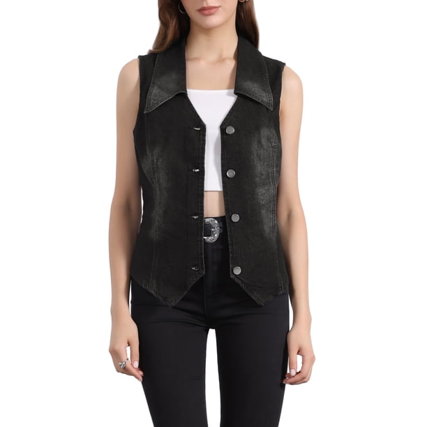 INSPIRE CHIC Chaleco de Mezclilla Lavado sin Mangas con Cuello en V y Botones para Mujer XS Negro