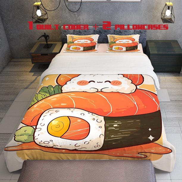 3pcs Sushi Theme Printed Three Piece Bedding Set Soft Quilt Cover And Two Pillowcases