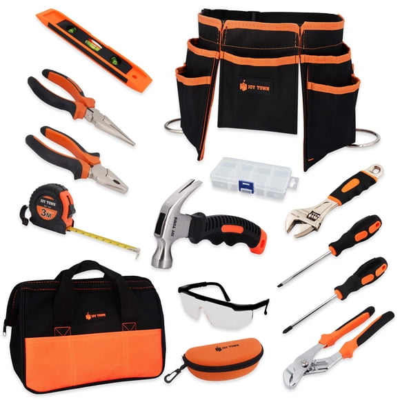 Juego de herramientas JoyTown Kids Junior de acero forjado con cinturón y bolsa, 14 piezas