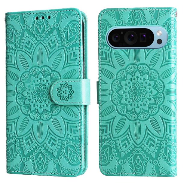 Funda tipo cartera FOXDOCK para Google Pixel 9 Pro , diseño girasol en relieve, cuero PU, cierre magnético, soporte y tarjetero