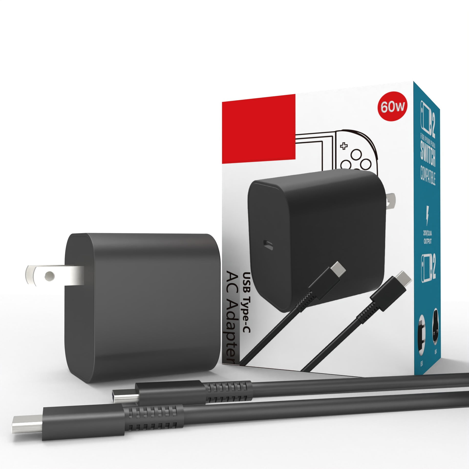 Genérico - Cargador De 60w Compatible Con Switch 2, Adaptador De Corriente Con Cable Usb-c De 4 Pies, Carga Rápida De 20v 3a, Soporte Para Modo De Base De Tv