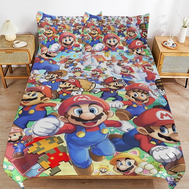 Super Mario Bed Duvet Cover Microfiber Bedding Sets 3D Printed Lightweight 3 Piece Comforter Sets for Kids Boys Girls