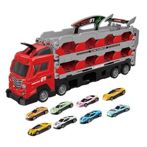 Magideal - Camión Transportador De Juguete, Camión Transportador Grande, Juego De Juguetes Interactivos, Camiones De Juguete, Transportador De Almacenamiento Ple , Rojo Con 8 Coches