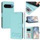 thumbnail image 1 of Funda de Cuero Tipo Billetera para Google Pixel 9 / Pixel 9 Pro 6.3", con Tarjetero, Correa para Muñeca, Soporte a Prueba de Golpes con Relieve de Patrón Feliz, Verde Claro, 1 of 8