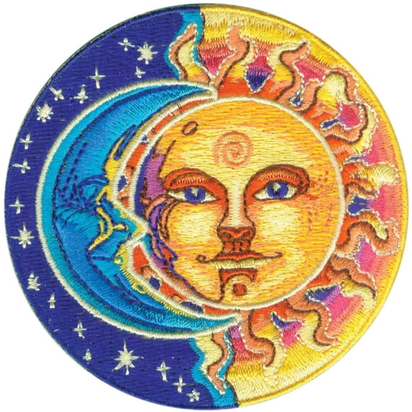 Parche C&D Visionary Applique con forma de luna y sol, mitad azul/amarillo