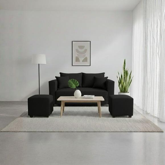 Living Aurelia 2 Cuerpos + 2 Pouf Tela Negro