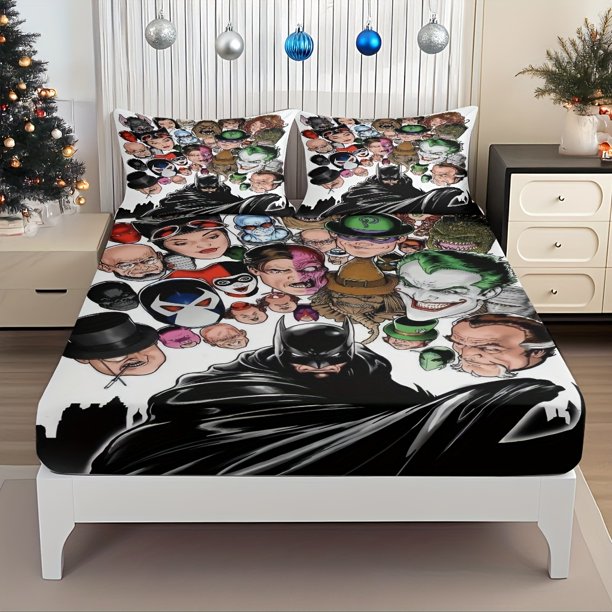 Dark Knight and His Enemies Fitted Sheet Gotham City Supervillain Collection Themed Mattress Protector Elastic Design for Perfect B