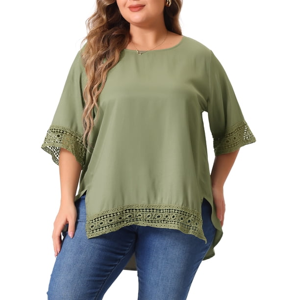 Agnes Orinda Camisetas de Mujer Tallas Grandes Cuello Redondo Encaje Crochet Manga Corta Blusas Casuales 3X Verde Militar