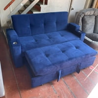 Camila Home - Sofá Cama Royal 2 Plazas Felpa Azul Rey Con Puffs, Baúles Y Portavasos