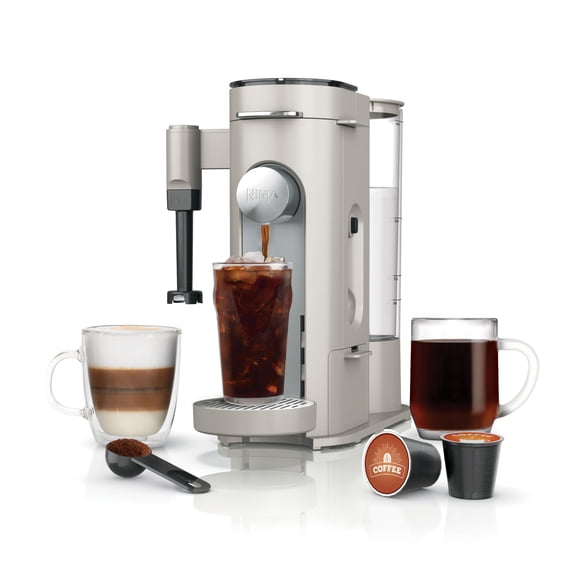 Cafetera de una sola porción Ninja Pod & Grounds, compatible con cápsulas K-Cup, prepara molidos, diseño compacto, espumador de leche incorporado, 56 oz. Depósito, 6 oz. Taza a 24 oz. Tamaños de taza,
