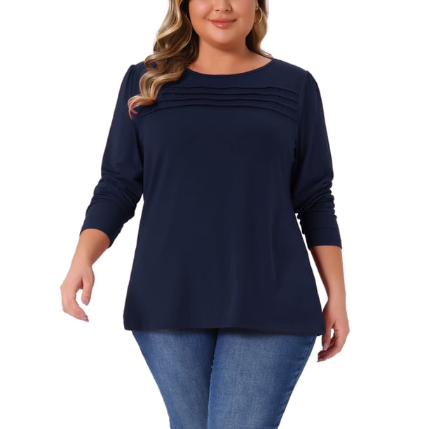 Agnes Orinda Camiseta de Mujer Talla Grande con Detalle de Pliegues en el Frente Cuello Redondo Manga Larga Camiseta Básica Casual Blusa 3X Azul Marino