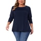 thumbnail image 1 of Agnes Orinda Camiseta de Mujer Talla Grande con Detalle de Pliegues en el Frente Cuello Redondo Manga Larga Camiseta Básica Casual Blusa 3X Azul Marino, 1 of 6