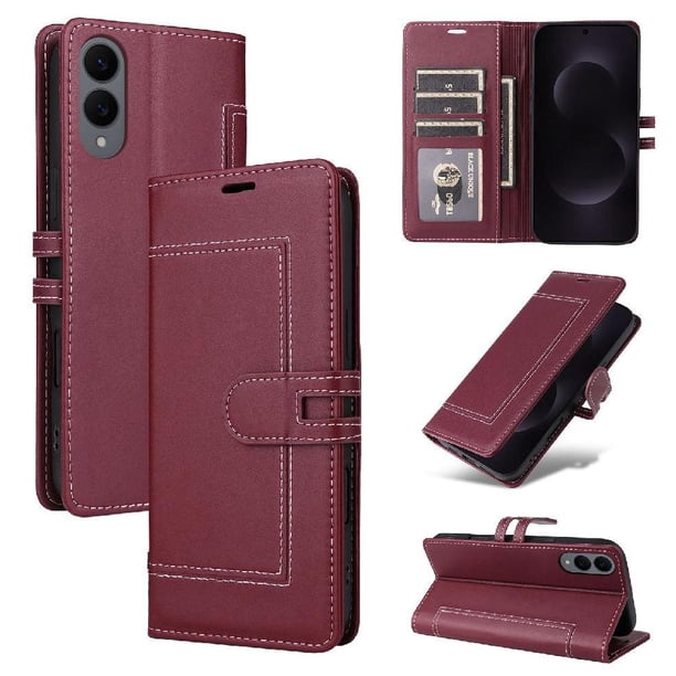 Premium Wallet Case for Samsung Galaxy S25 Edge with Card Slots & Kickstand, Flip Cover Red