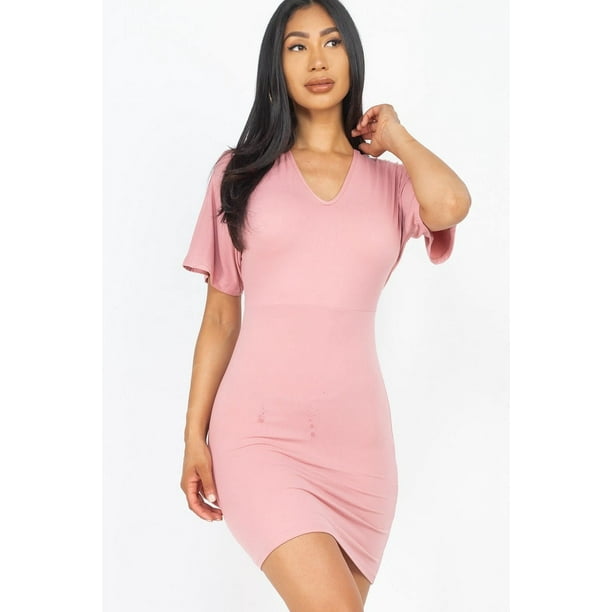 Saronite Vestido Mini Básico Ajustado de Manga Corta con Cuello en V, Color Malva (para Mujer)