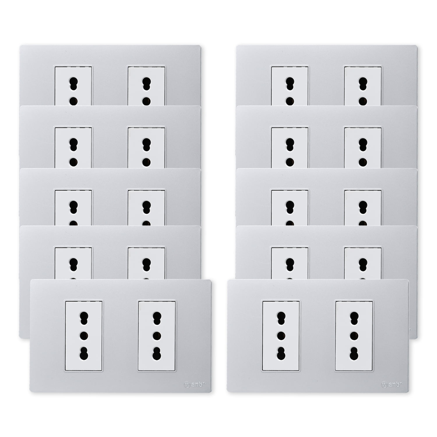 Want - Pack 10 Tomacorriente Doble Metálico 16a - Gris Blanco