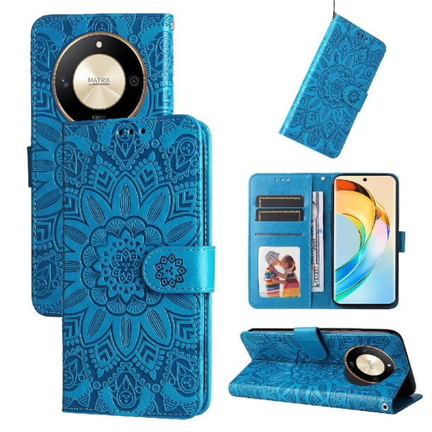 Funda tipo cartera FOXDOCK para Honor X50 Pro , diseño girasol en relieve, cuero PU, cierre magnético, soporte y tarjetero