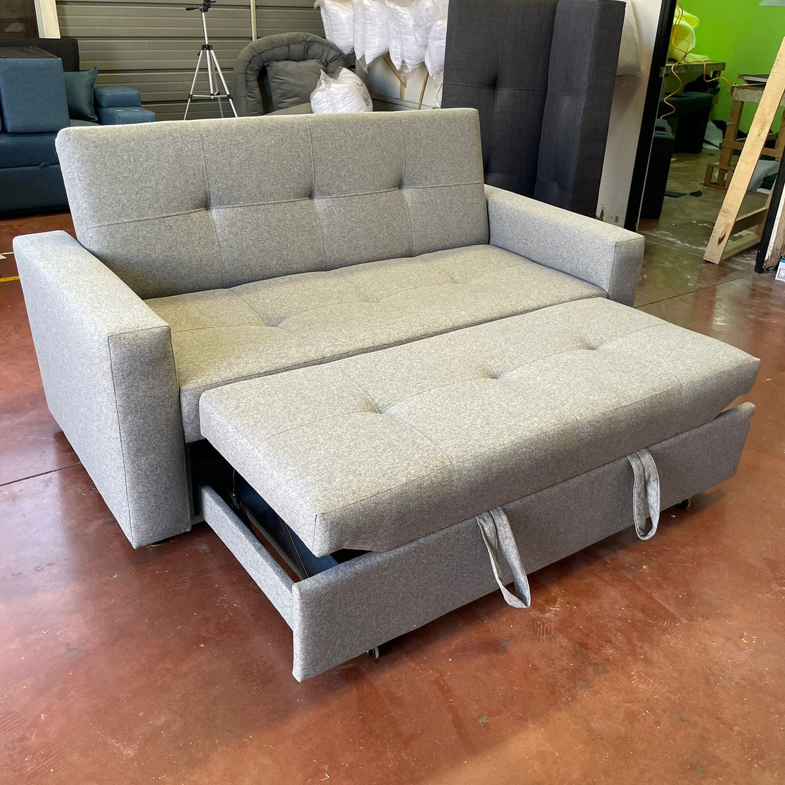 Camila Home - Sofá Cama Supreme 2 Plazas Lino Gris Claro Con Puffs Y Cojines