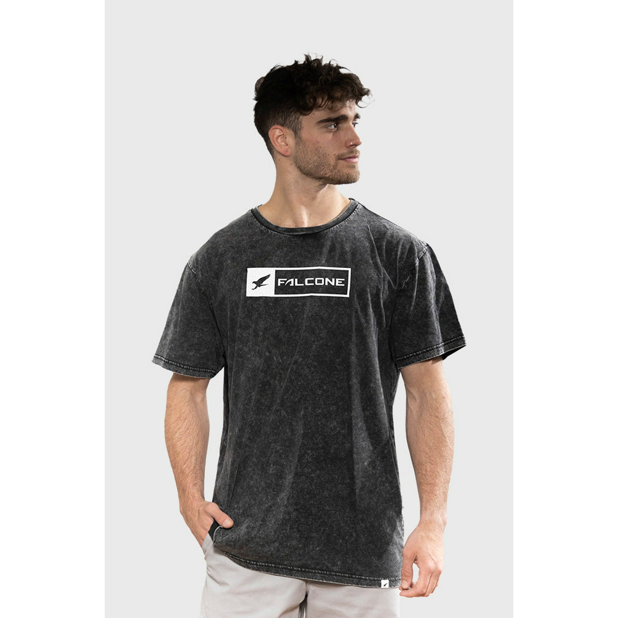 Polera Orgánica Acid-wash Rectangular Logo Negro Hombre Falcone