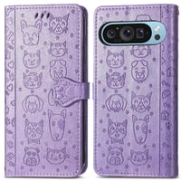 Funda Cartera Foxdock Para Google Pixel 10 Pro Xl , Flip Pu Con Relieve De Gatos Y Perros, Tarjetero Y Soporte